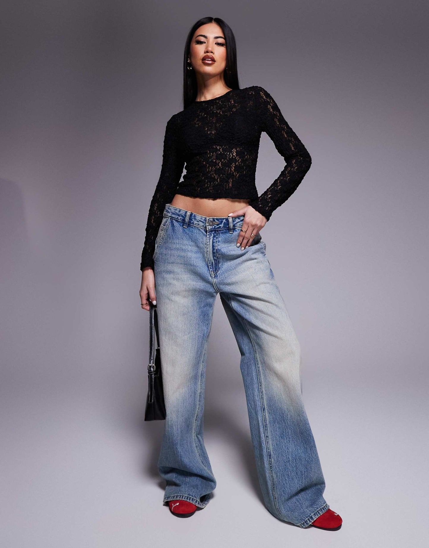 Lace Fitted Long Sleeve Crew Neck Top