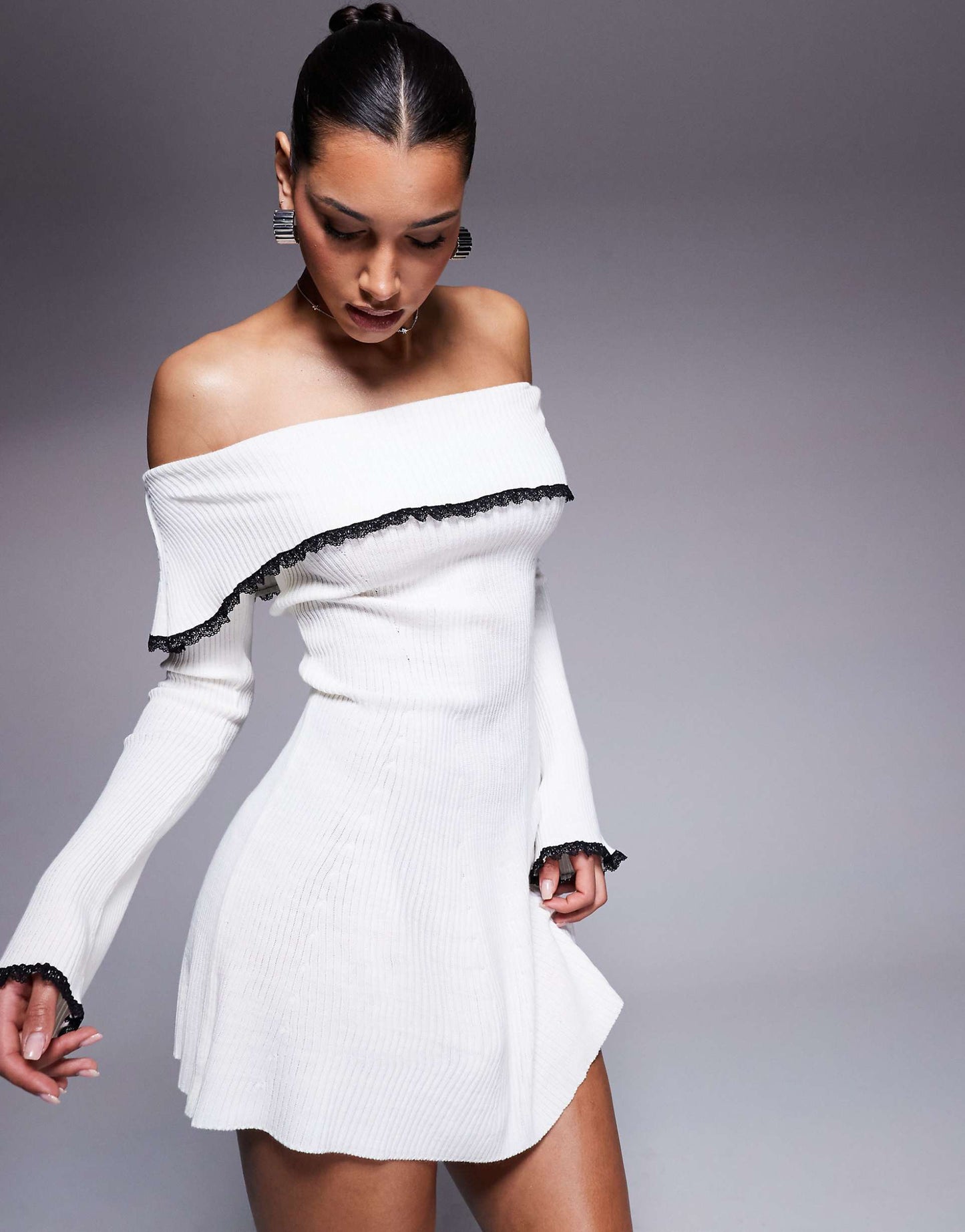 Missyempire Knitted Fold Over Lace Trim Mini Dress
