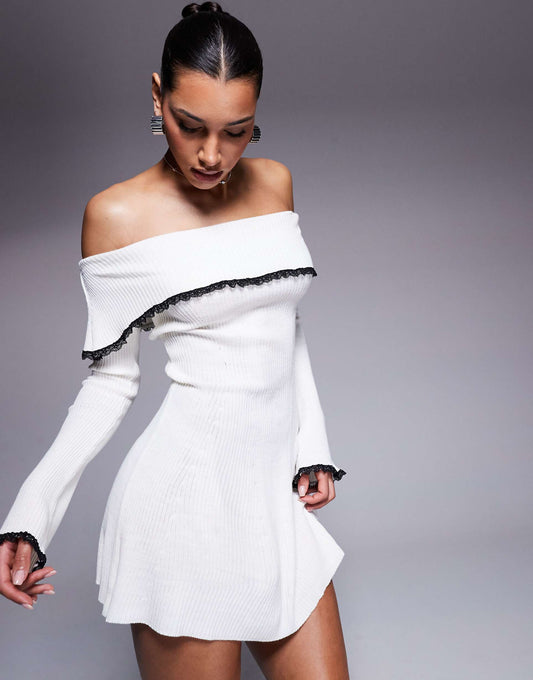 Missyempire Knitted Fold Over Lace Trim Mini Dress