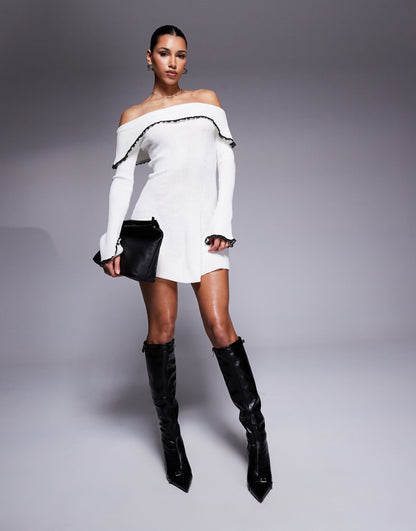 Missyempire Knitted Fold Over Lace Trim Mini Dress