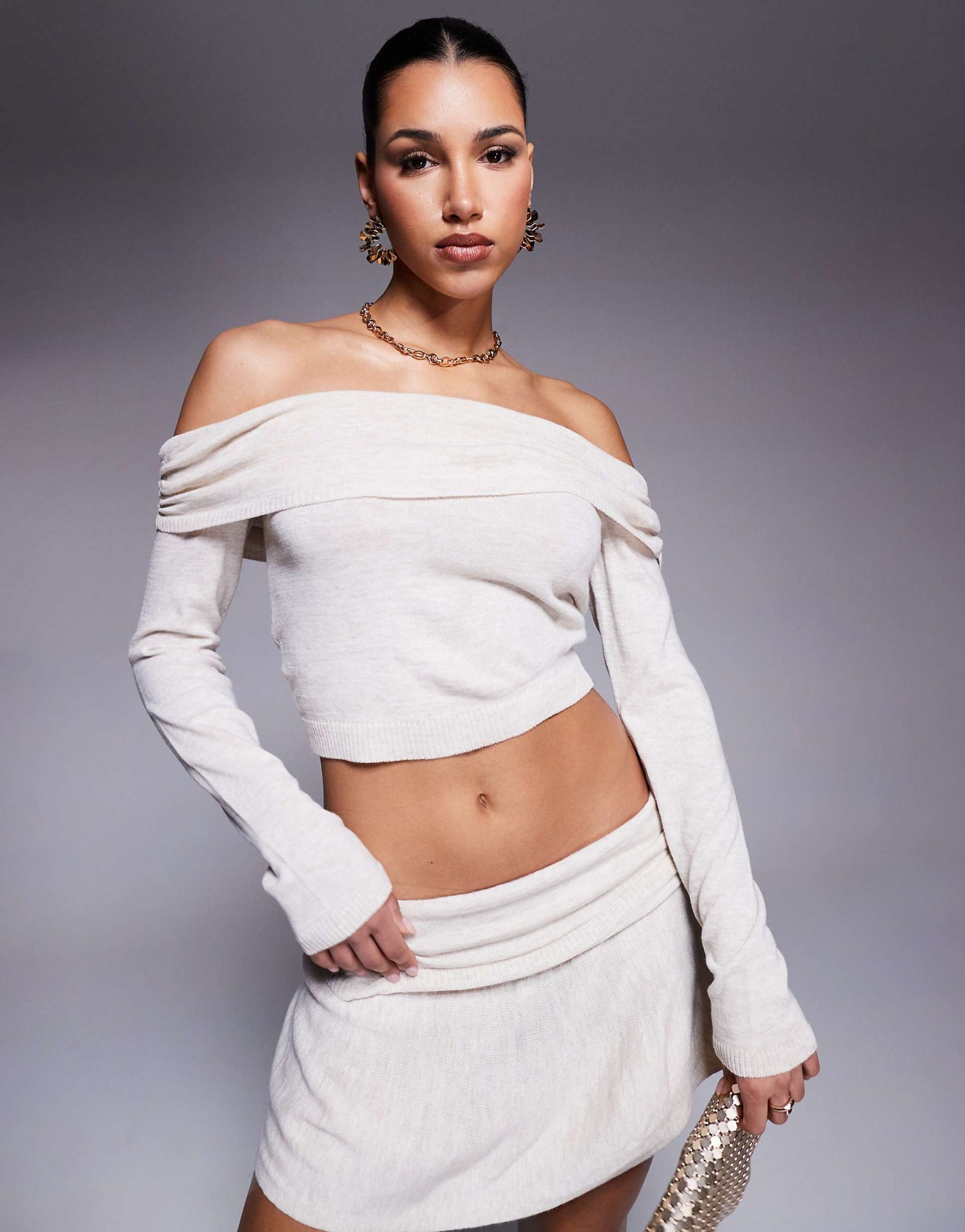 Fine Knit Fold Over Bardot Top Co-Ord