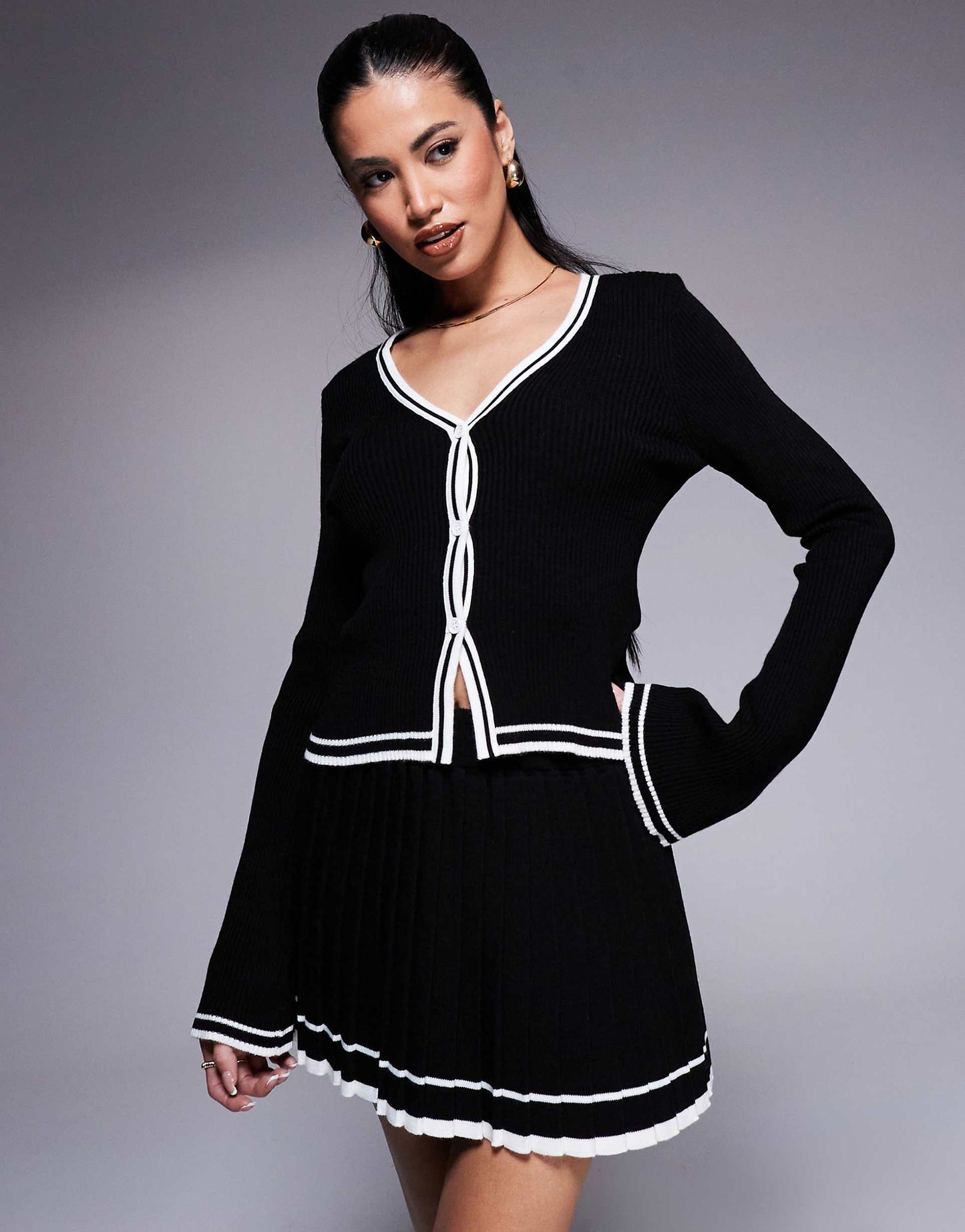 Mono Contrast Piping Cardigan Co-Ord