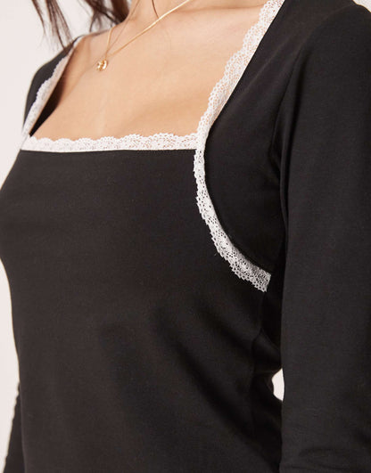 Monochrome Picot Trim Long Sleeve Top