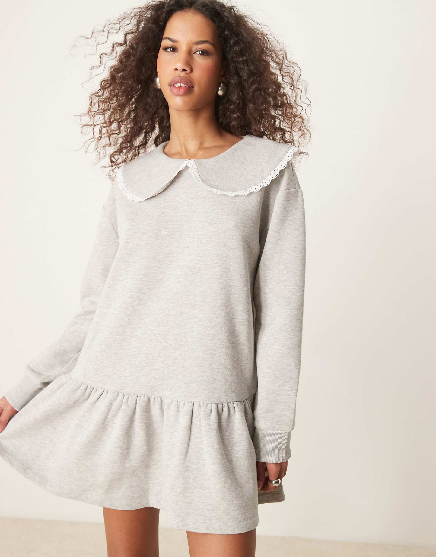 Dropped Waist Sweat Dress With Lace Oversized Collar