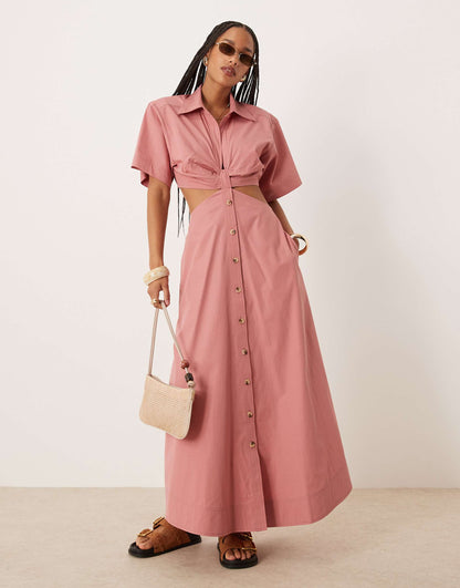 V Neck Cut Out Waist Shirt Midi Dress Dusty Rose