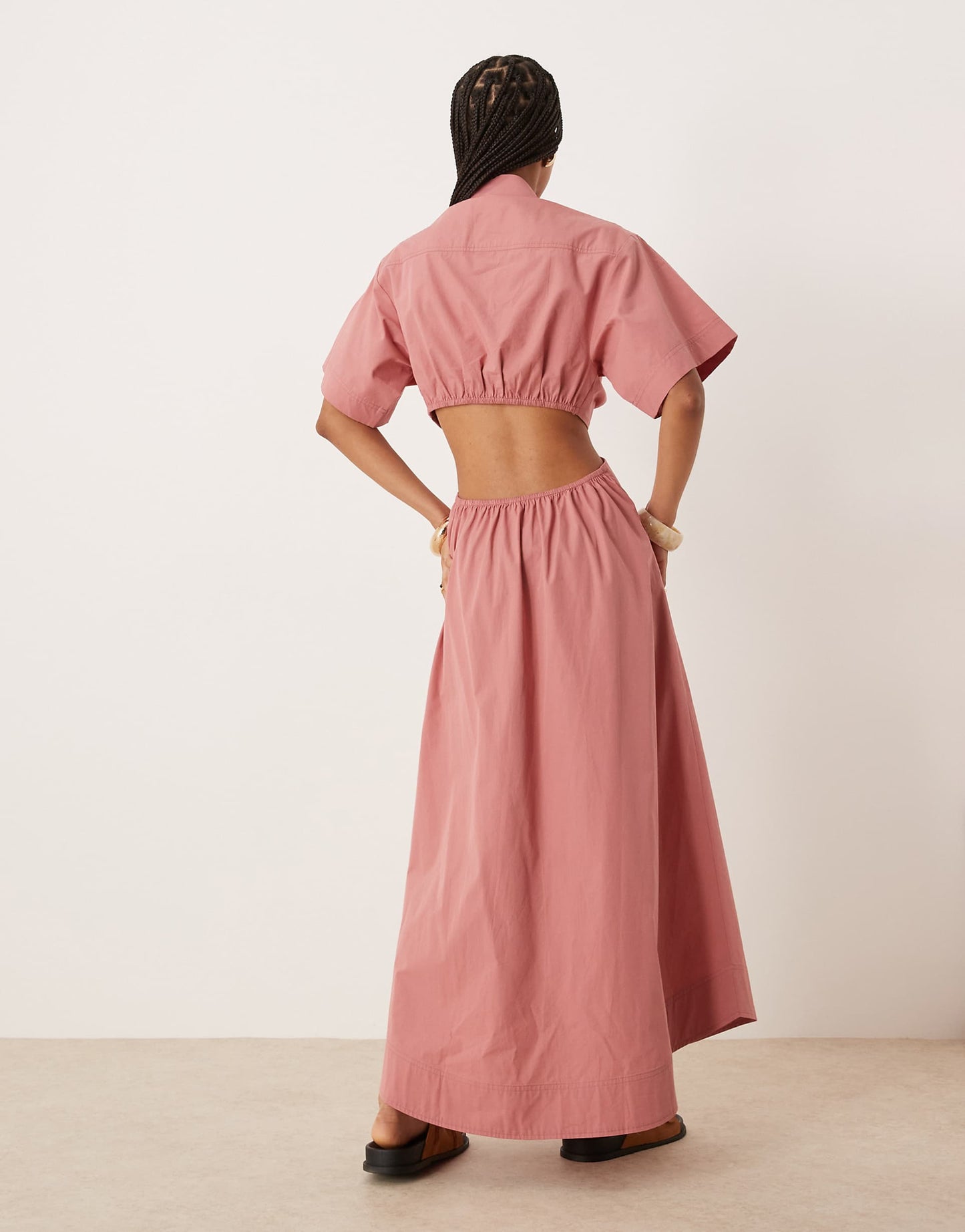 V Neck Cut Out Waist Shirt Midi Dress Dusty Rose