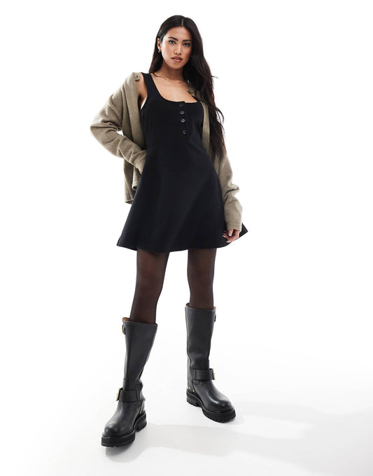 Soft Touch Rib Button Up Pinafore Mini Dress