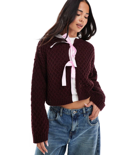 Knitted Satin Bow Cardigan