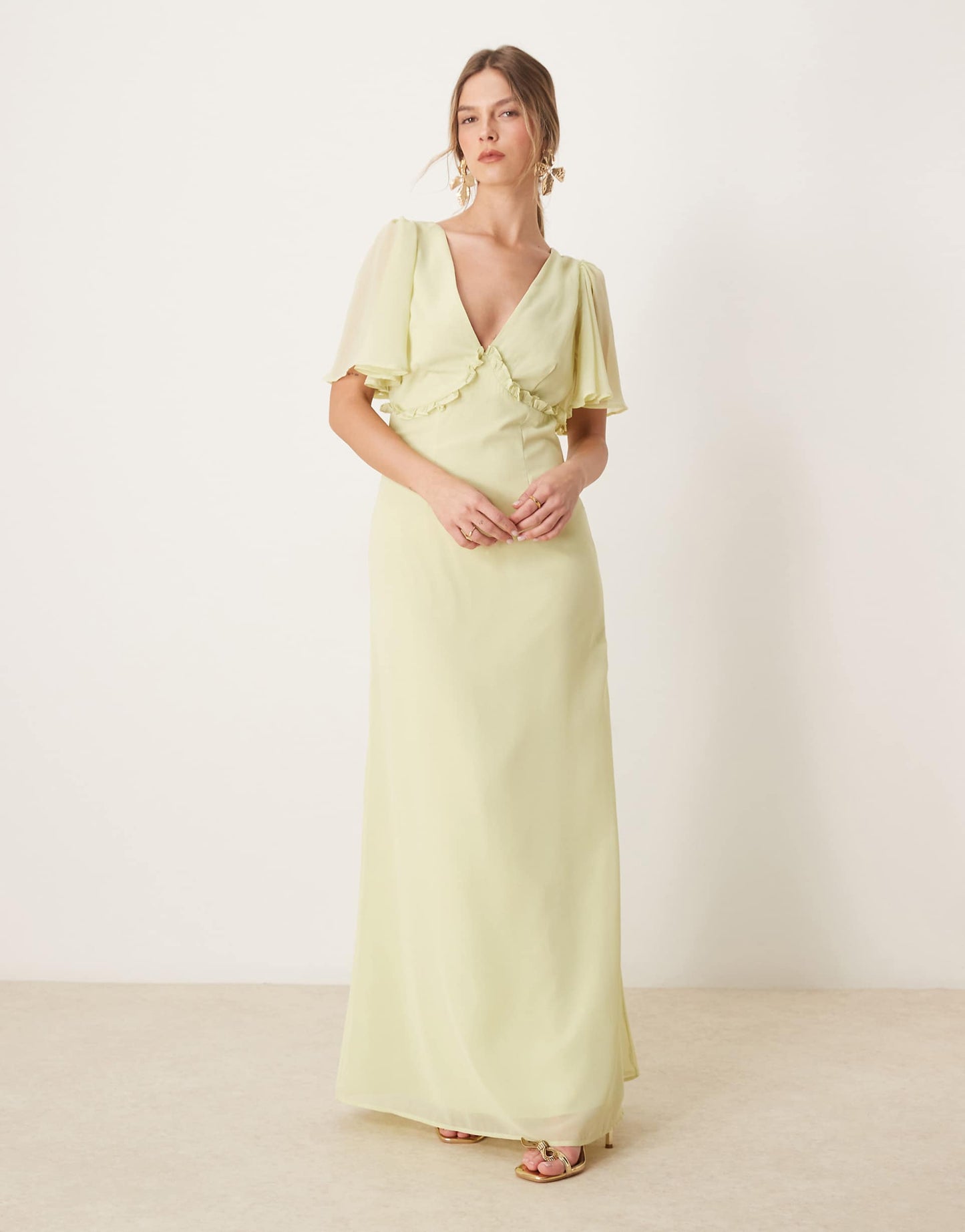 V Neck Short Flutter Sleeve Maxi Dress