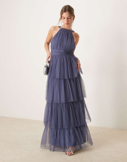 Halter Neck Tiered Maxi Bridesmaid Dress