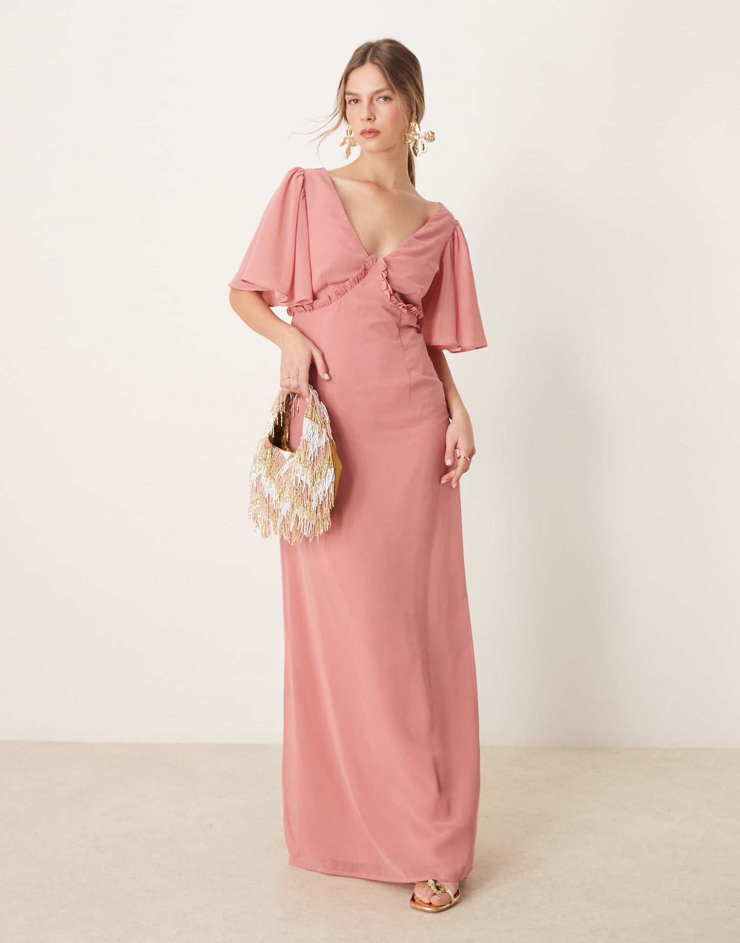 V Neck Short Flutter Sleeve Maxi Dress