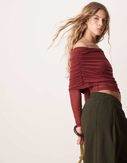 Extreme Foldover Mesh Asymmetric Long Sleeve Top