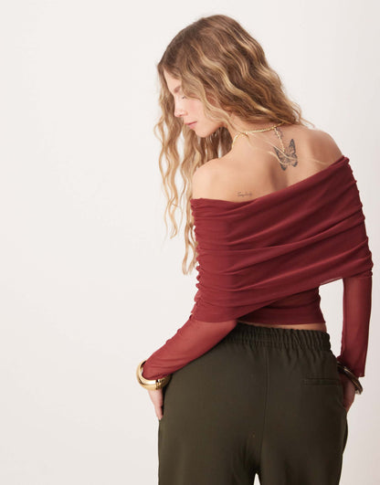 Extreme Foldover Mesh Asymmetric Long Sleeve Top