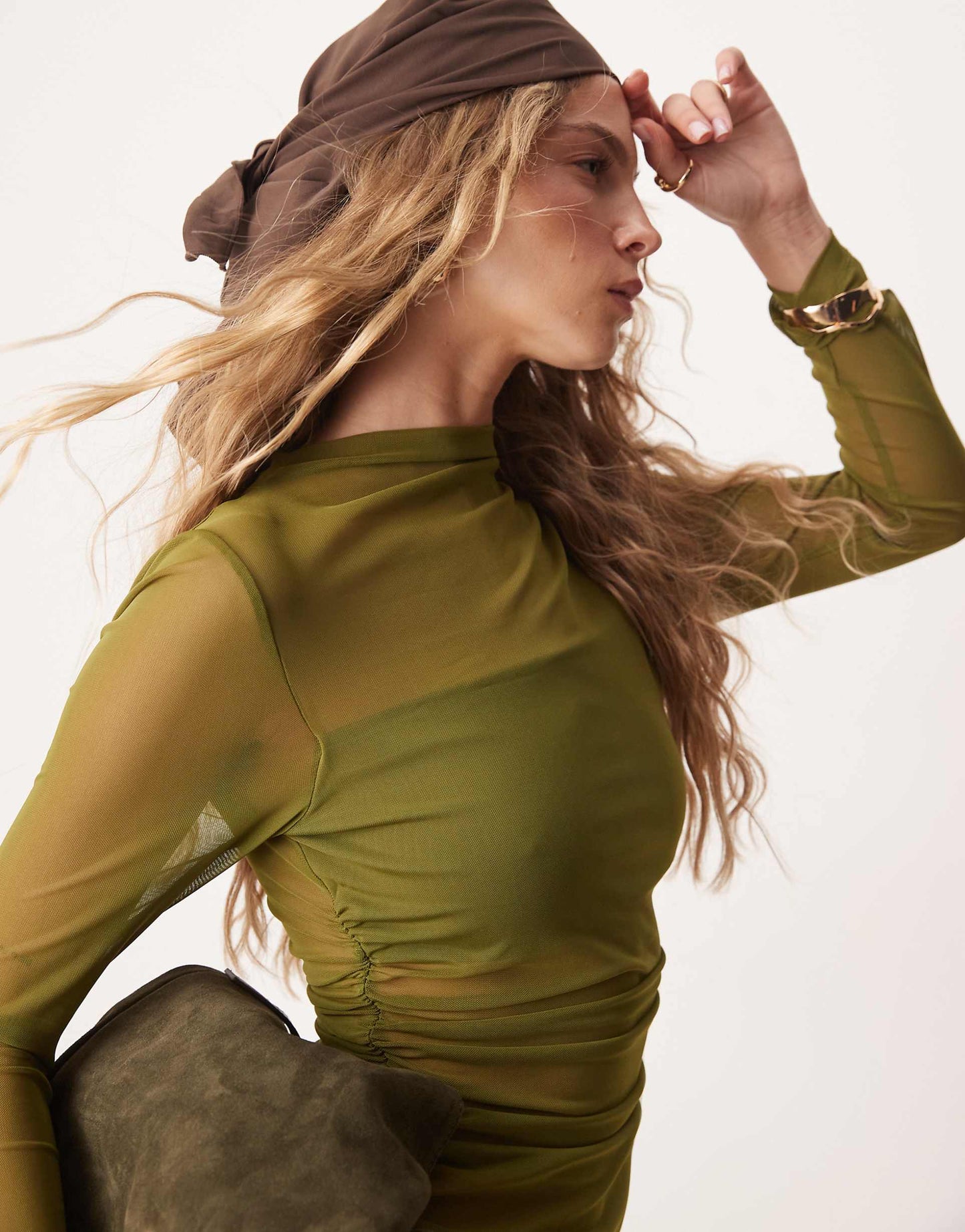 Ruched Side High Neck Long Sleeve Top