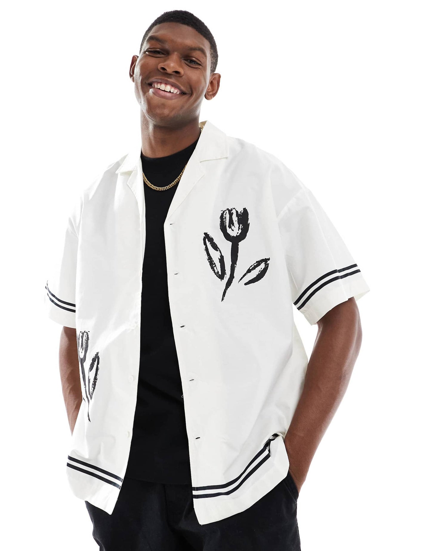Oversized Revere Collar Shirt With Flower Placement Print