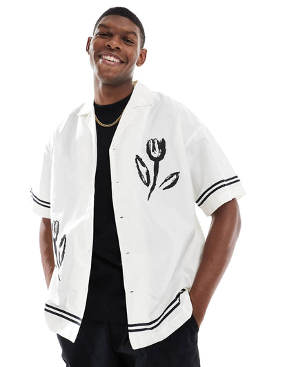 Oversized Revere Collar Shirt With Flower Placement Print
