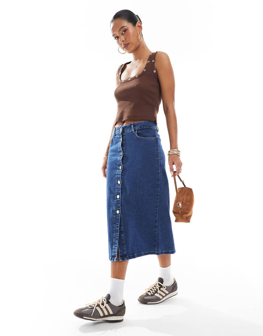 Button Front Midi Denim Skirt