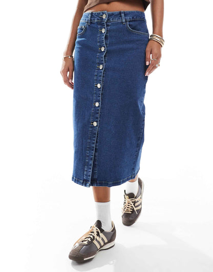 Button Front Midi Denim Skirt