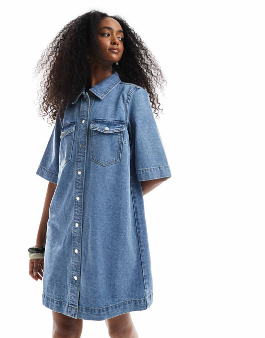 Oversized Button Front Short Sleeve Denim Dress