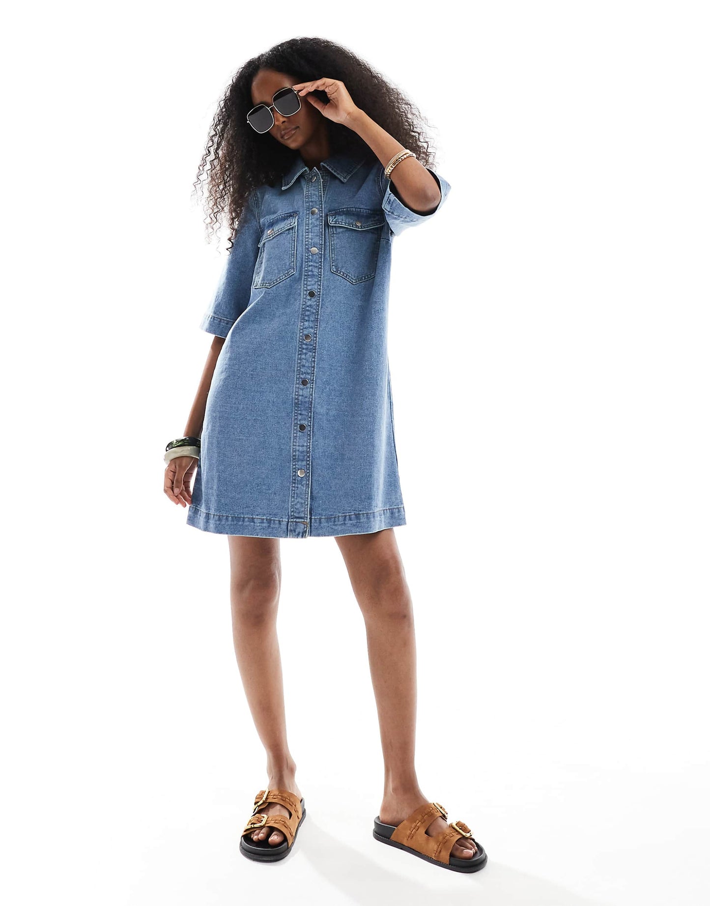 Oversized Button Front Short Sleeve Denim Dress