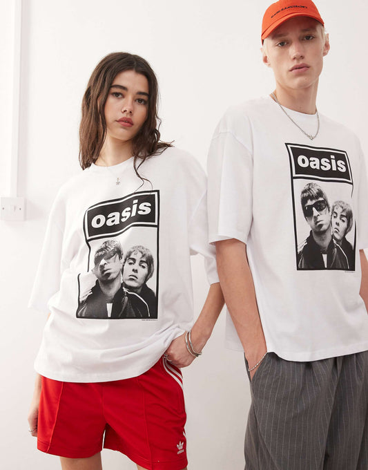 Unisex White Skater Fit T-Shirt With Official Oasis Print