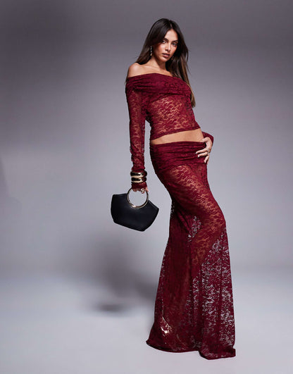 Co-Ord Lace Maxi Skirt With Fold Over Waist Detail