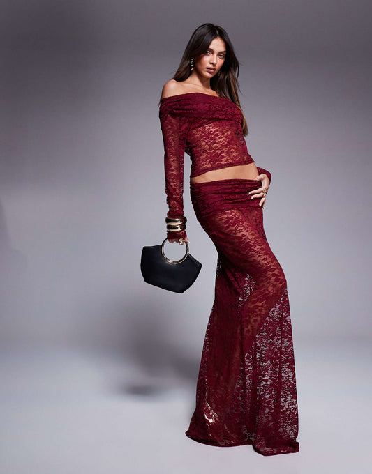 Co-Ord Lace Maxi Skirt With Fold Over Waist Detail