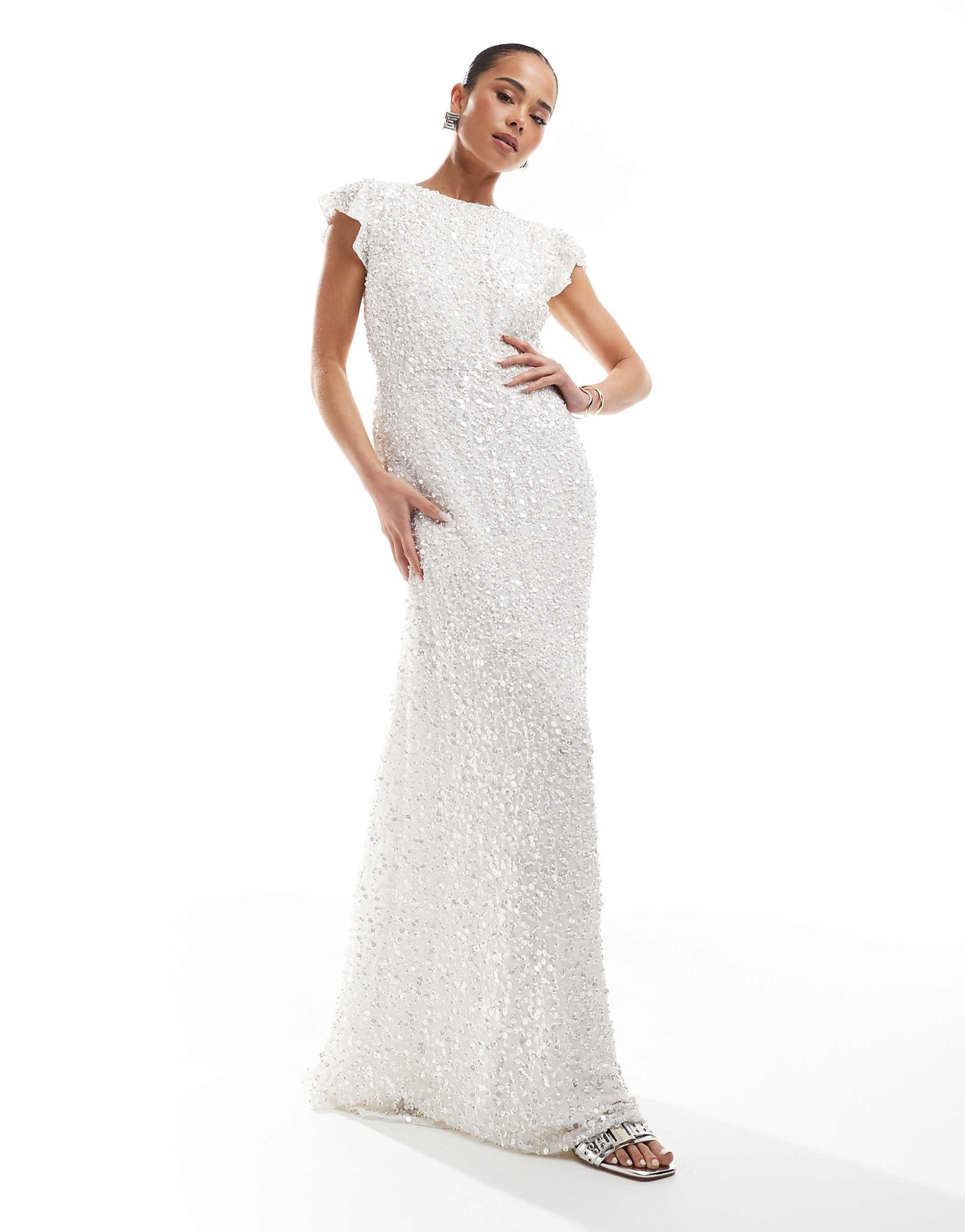 Embellished Short Flutter Sleeve Maxi Dress