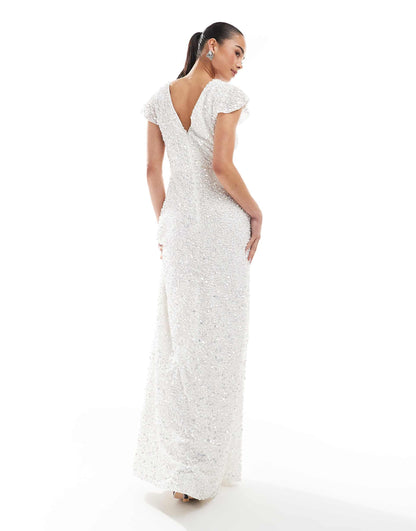 Embellished Short Flutter Sleeve Maxi Dress