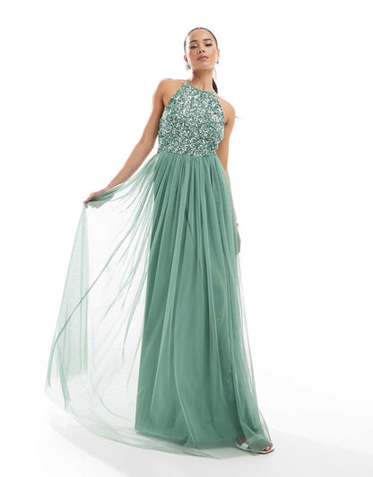 Embellished Halter Neck Maxi Dress