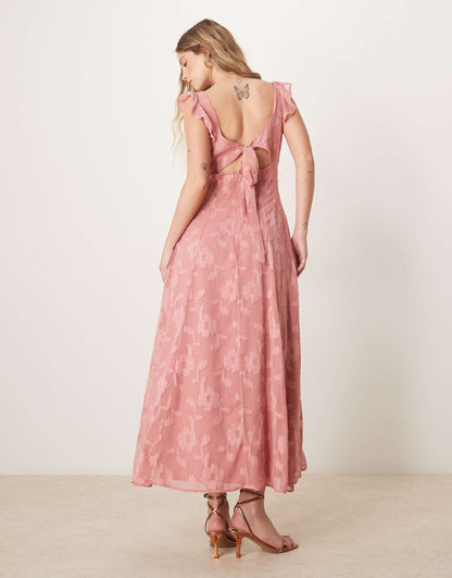 Floral Burnout Tie-Back Midi Dress