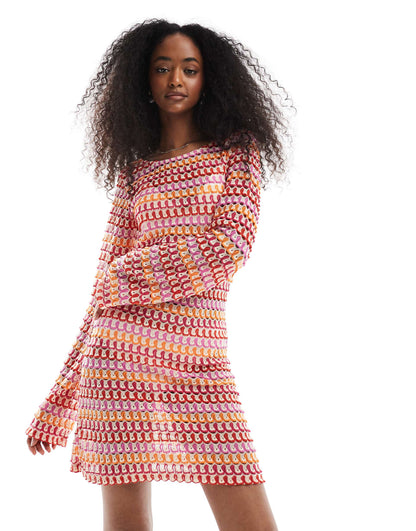 Crochet Long Sleeve Mini Dress