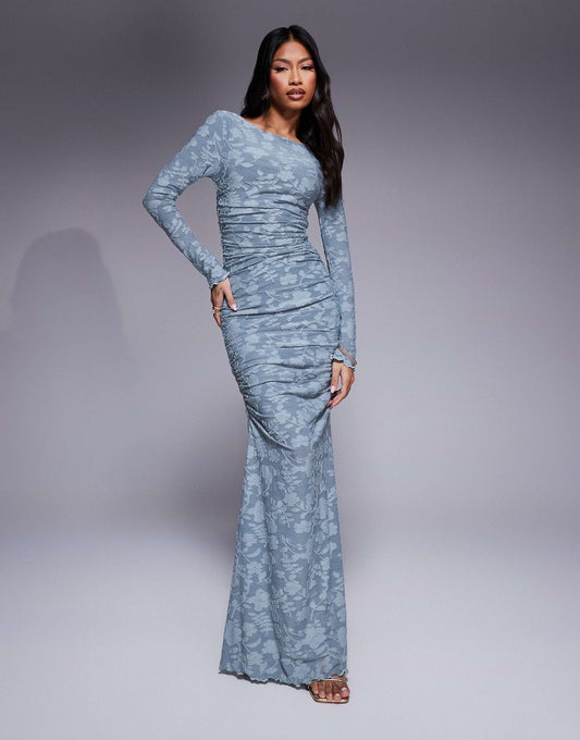 Devore Long Sleeve Ruched Maxi Dress