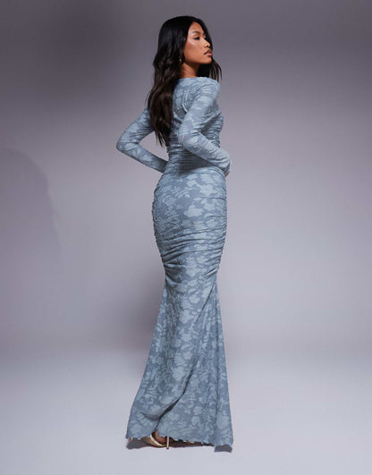 Devore Long Sleeve Ruched Maxi Dress