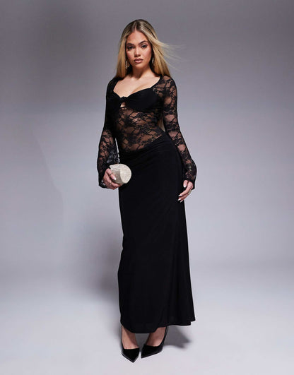 Long Sleeve Lace Mix Midi Dress With Soft Draped Skirt