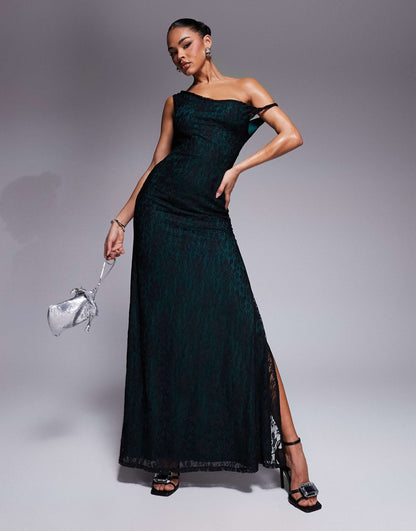 Lace Twist Shoulder Maxi Dress With Lace Up Back Detail And Contrast Lining