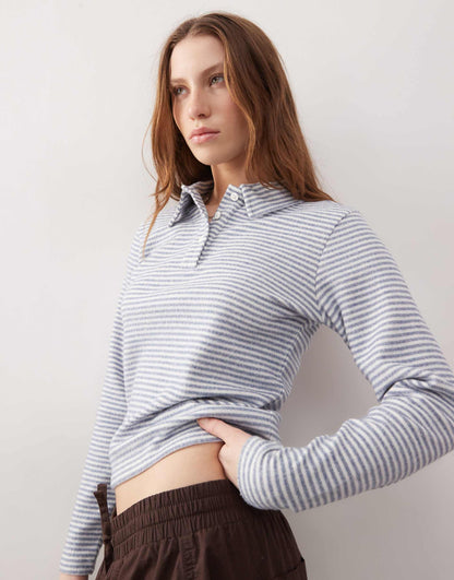 Fluffy Stripe Fitted Long Sleeve Polo