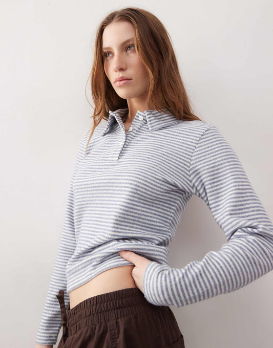 Fluffy Stripe Fitted Long Sleeve Polo