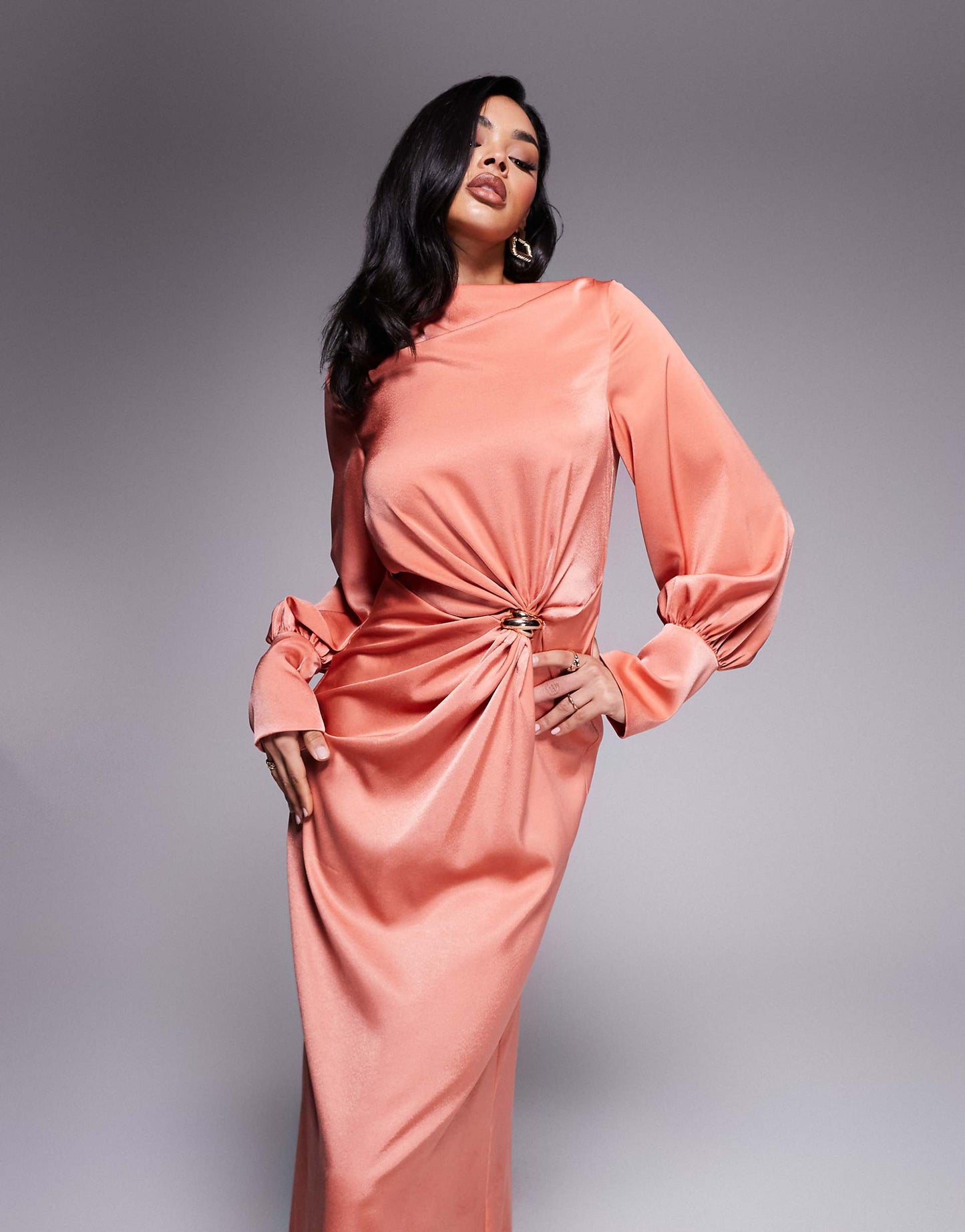 Twist Front Bias Satin Maxi Dress With Gold Hardware