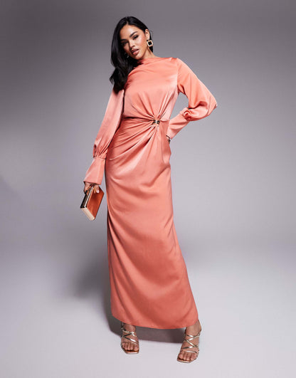 Twist Front Bias Satin Maxi Dress With Gold Hardware