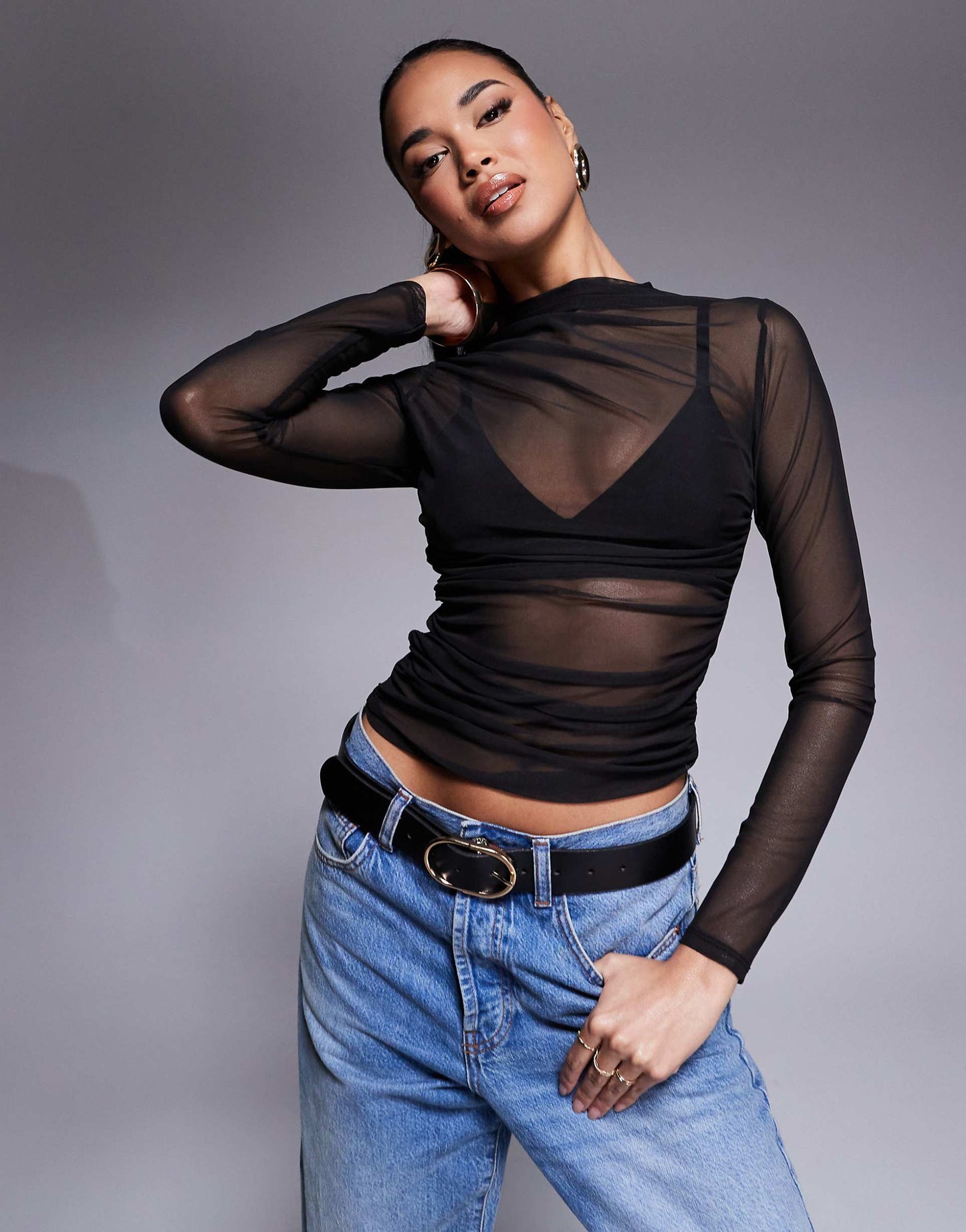 Long Sleeve Ruched Side Mesh Top