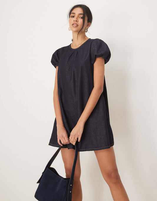 Denim Mini Puff Sleve Smock Dress