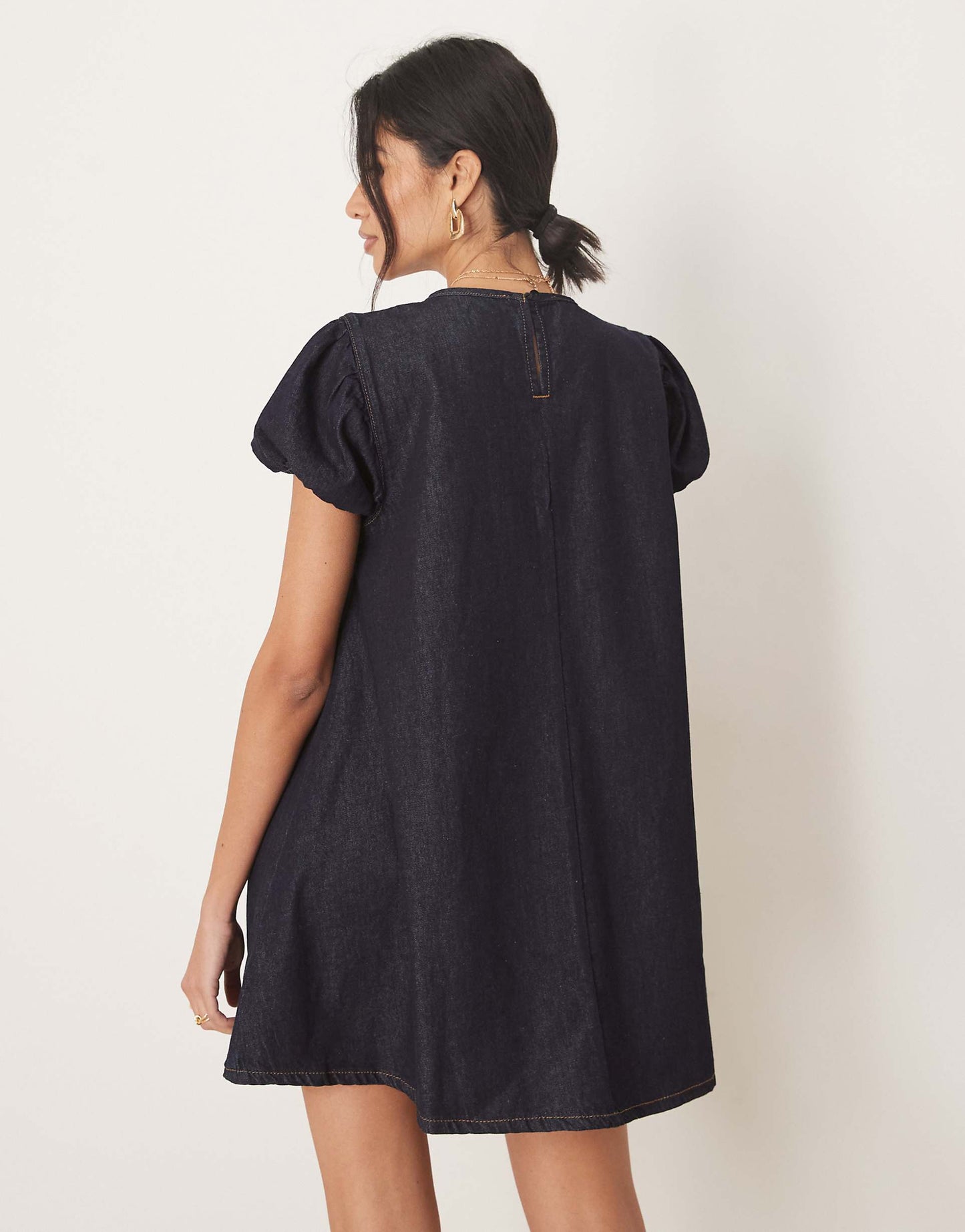 Denim Mini Puff Sleve Smock Dress