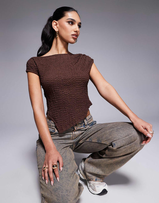 Textured Off Shoulder Asymmetric Hem Top