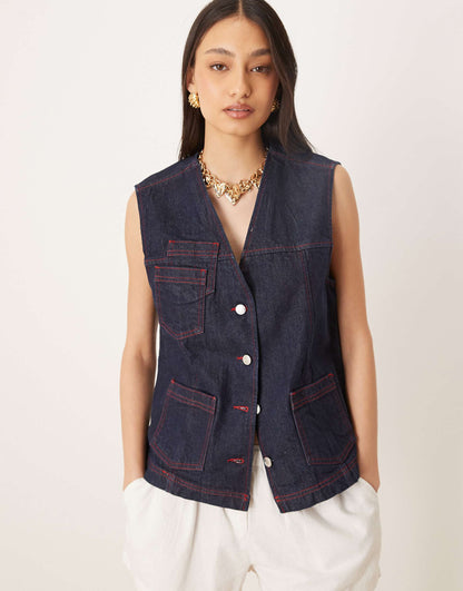 Denim Gilet With Red Contrast Stitching