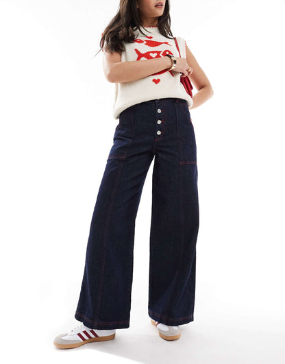 Wide Leg Denim Jeans With Red Stitching