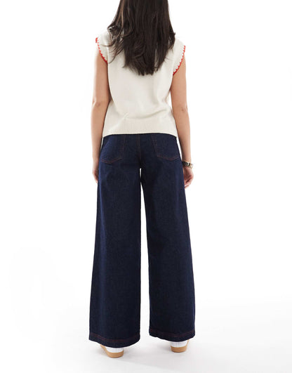 Wide Leg Denim Jeans With Red Stitching