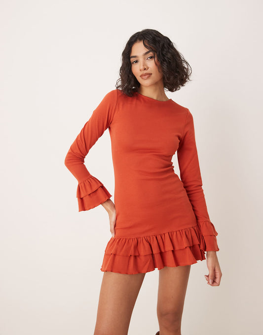 Long Sleeve Double Frill Detail Mini Dress