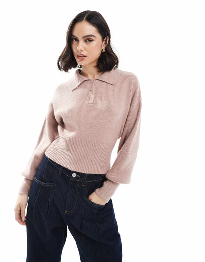 Knitted Polo Collar Jumper With Structured Waist Detail