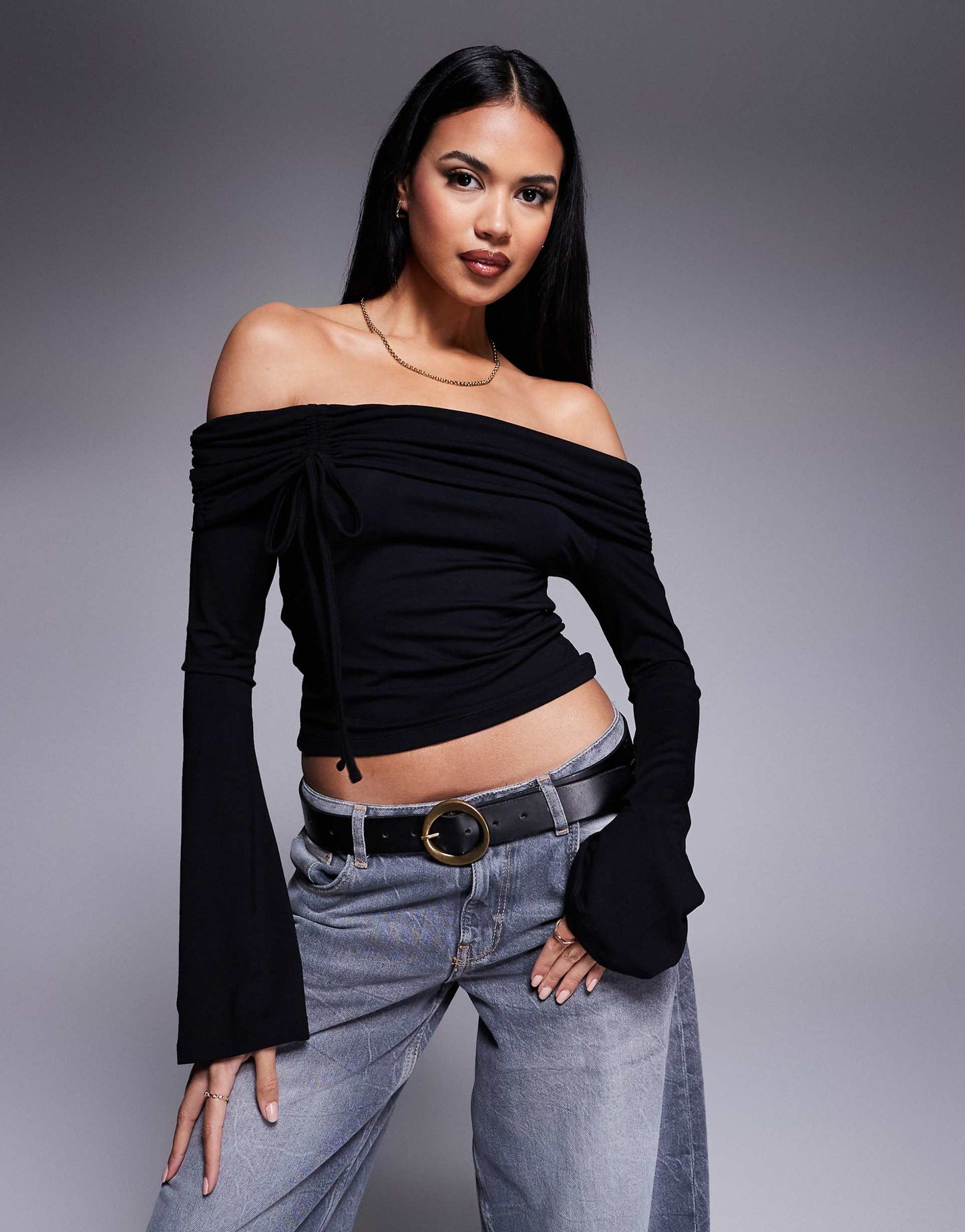 Off Shoulder Bardot Top With Flared Sleeves